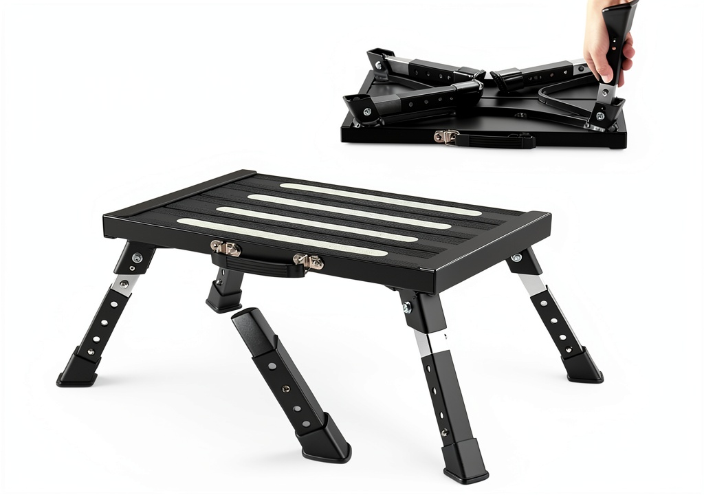 Installing Souheilo RV STEP folding aluminum step stool, black, on a wooden RV kitchen counter