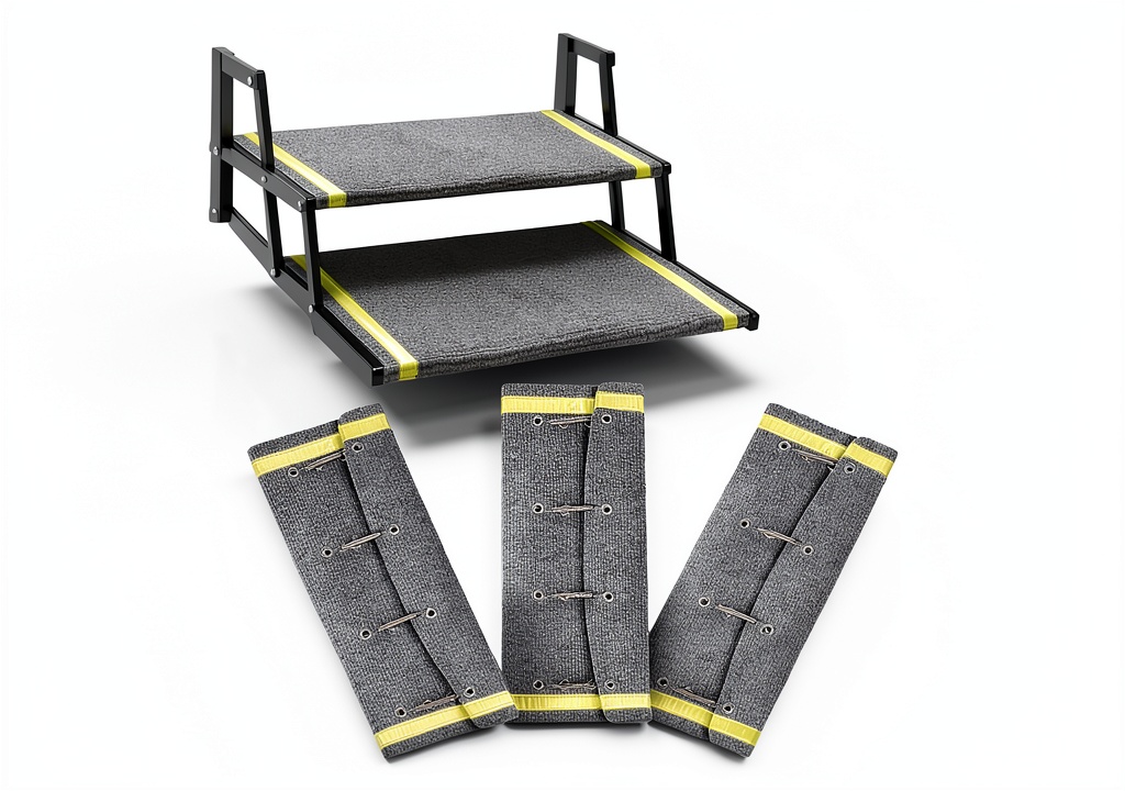 Installing HOMEE RV Step Carpet 3 Pack 23in Reflective Safety Rug for Campers on a wooden desk
