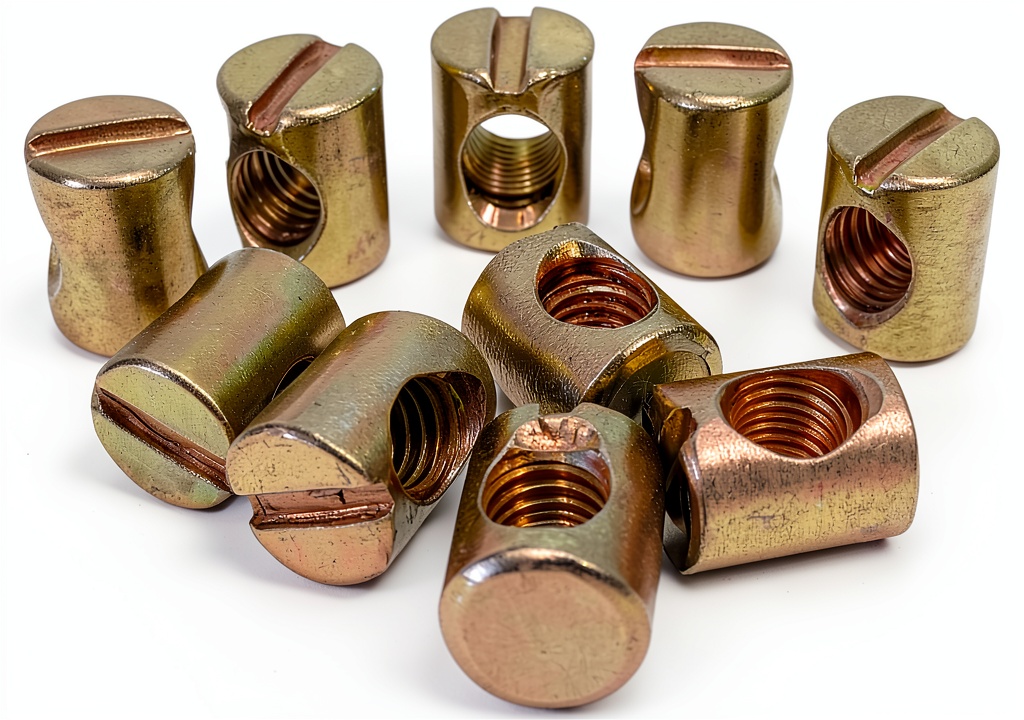 Installing FixtureDisplays® 10PK M6 X 10mm Cross Hole Nuts Barrel Nuts Slotted Dowel Nuts Zinc, Carbon Steel Material, for Furniture Cots, Beds, Crib & Chairs 22105-NPF on a wooden workbench