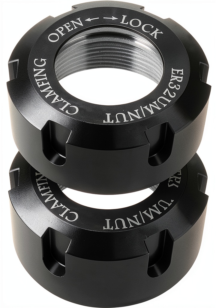 Installing ER32 Collet Clamping Nuts LT Easiyl Barrel Nuts 49.5mm Black on a wooden workbench