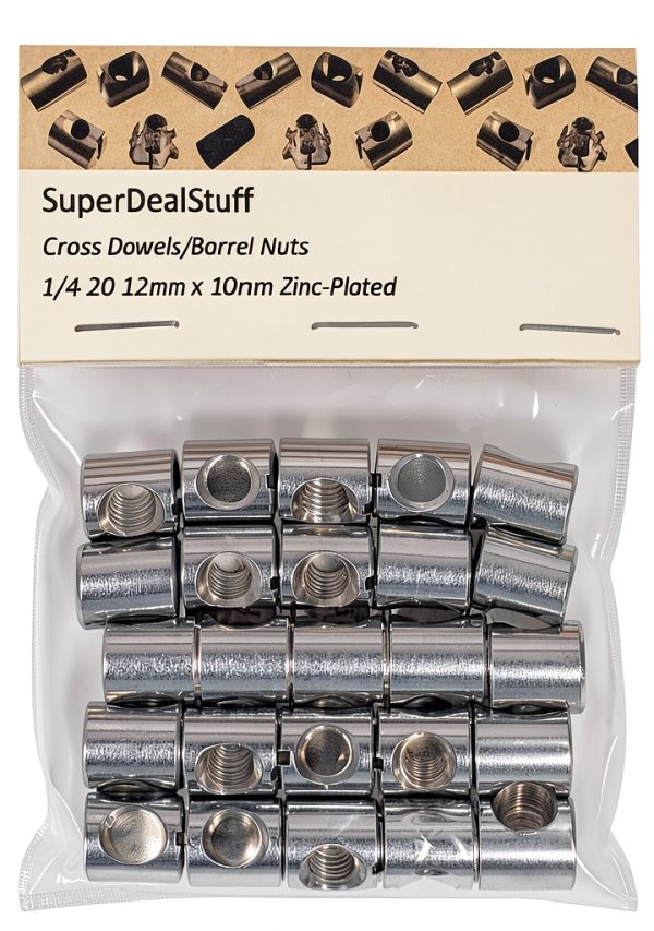 (25) Cross Dowels/Barrel Nuts - 1/4-20 12mm X 10mm Zinc-Plated CNC-2