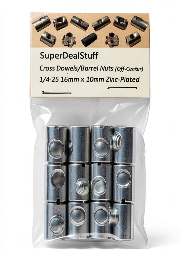 (12) Cross Dowels/Barrel Nuts - 1/4-20 16mm X 10mm Zinc-Plated Off-Centered CNC-2