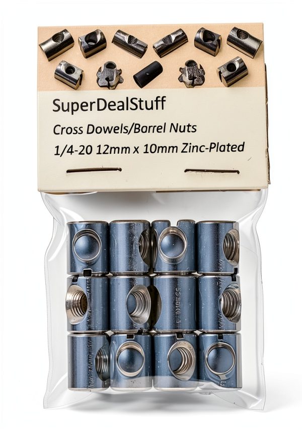 (12) Cross Dowels/Barrel Nuts - 1/4-20 12mm X 10mm Zinc-Plated CNC-2